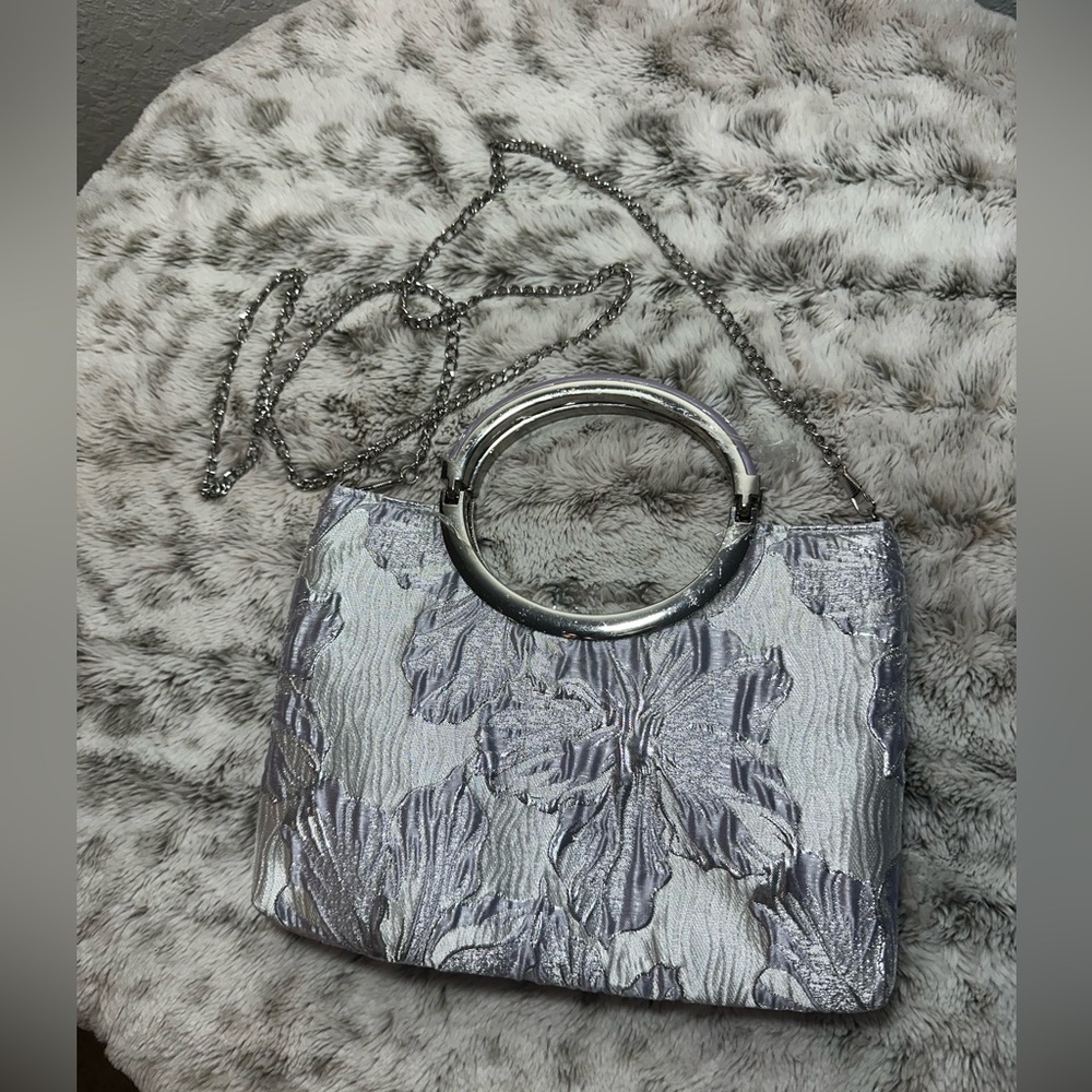 Bag Shoulder/hand with Chain Strap, Metallic purple/silver flowers fabric